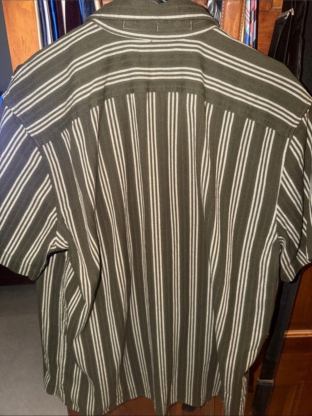 Banana Republic Olive & White Vertical Stripe Short Sleeve Button Shirt